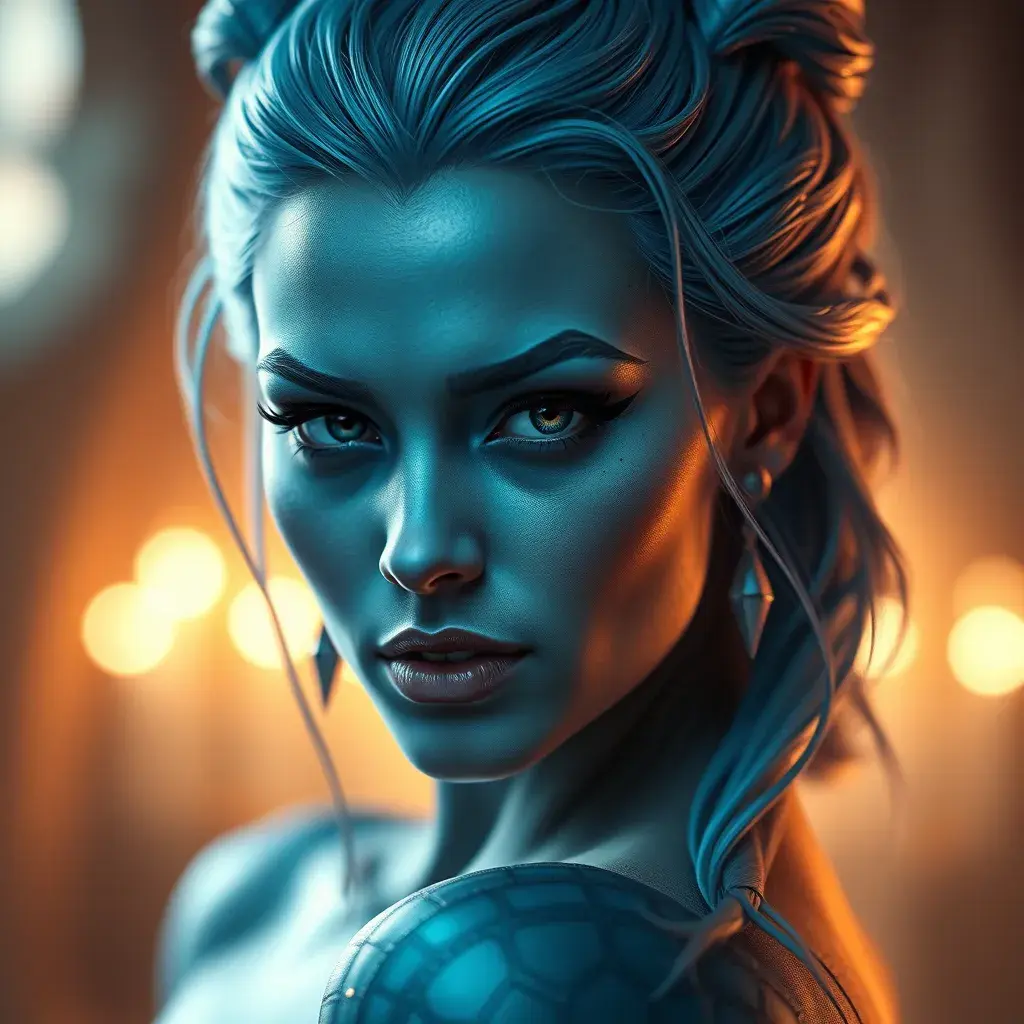 Alluring portrait of a beautiful Mystique from Xmen in the style of Stefan Kostic, 8k, Highly Detailed, Intricate, Half Body, Realistic, Sharp Focus, Volumetric Lighting, Fantasy, Elegant