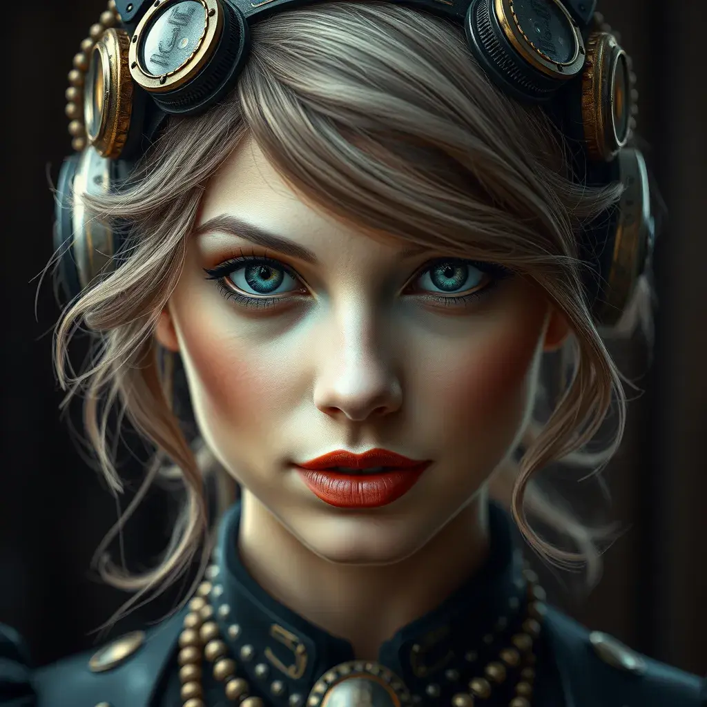 Steampunk portrait of Tayor Swift, Highly Detailed, Beautiful, Photo Realistic, Sharp Focus, Elegant