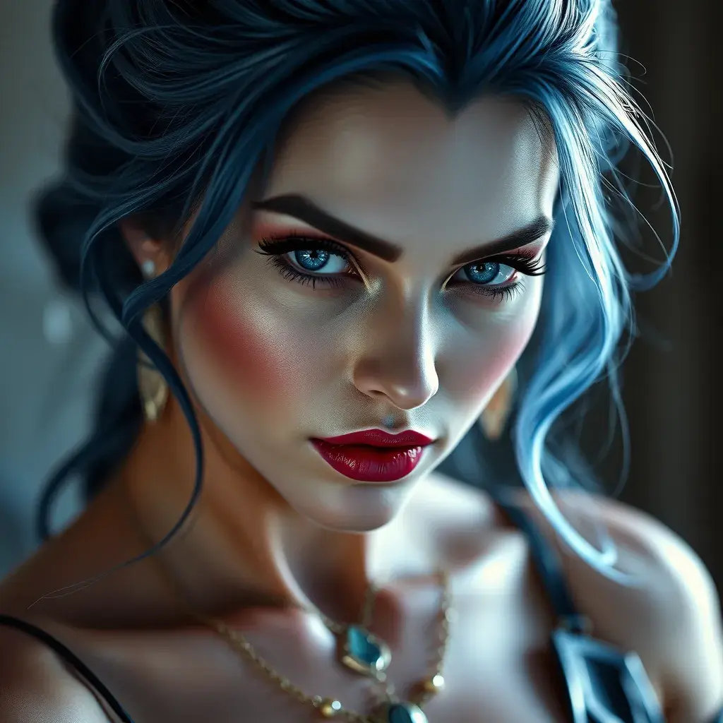 Alluring portrait of a beautiful Mystique from Xmen in the style of Stefan Kostic, 8k, Highly Detailed, Intricate, Half Body, Realistic, Sharp Focus, Volumetric Lighting, Fantasy, Elegant