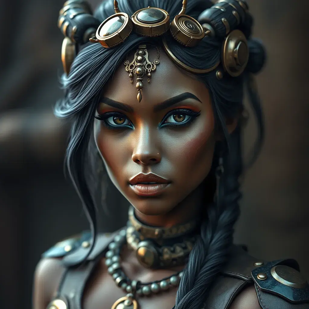 Steampunk portrait of Nidalee, Highly Detailed, Beautiful, Photo Realistic, Sharp Focus, Elegant