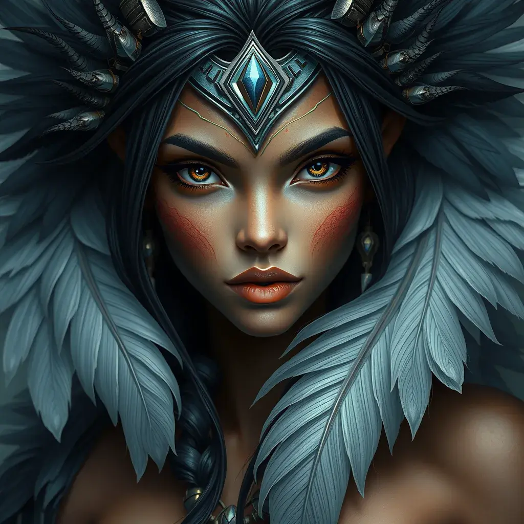 Matte portrait of the beautiful Nidalee with feathers, Highly Detailed, Intricate, Realistic, Sharp Focus, Volumetric Lighting, Fantasy, Elegant