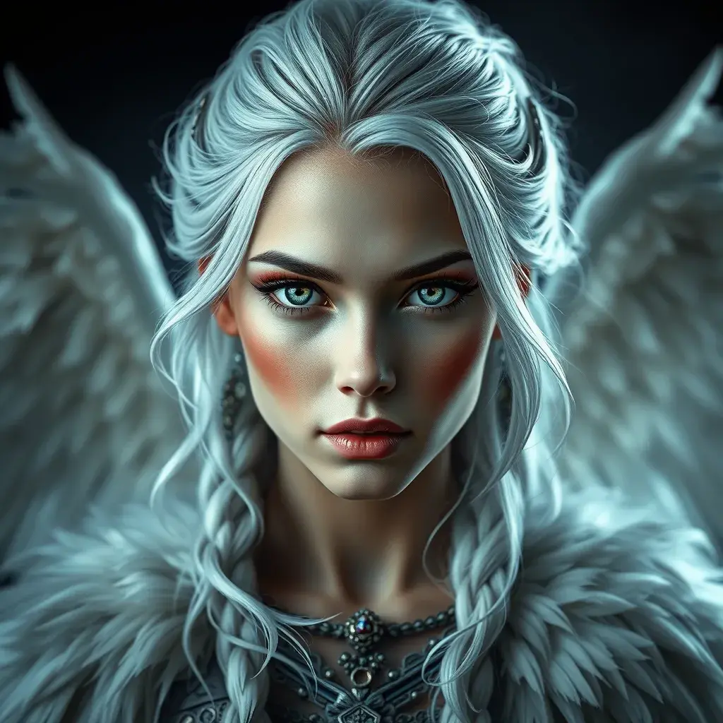 Matte portrait of the beautiful Ciri with feathers, Highly Detailed, Intricate, Realistic, Sharp Focus, Volumetric Lighting, Fantasy, Elegant