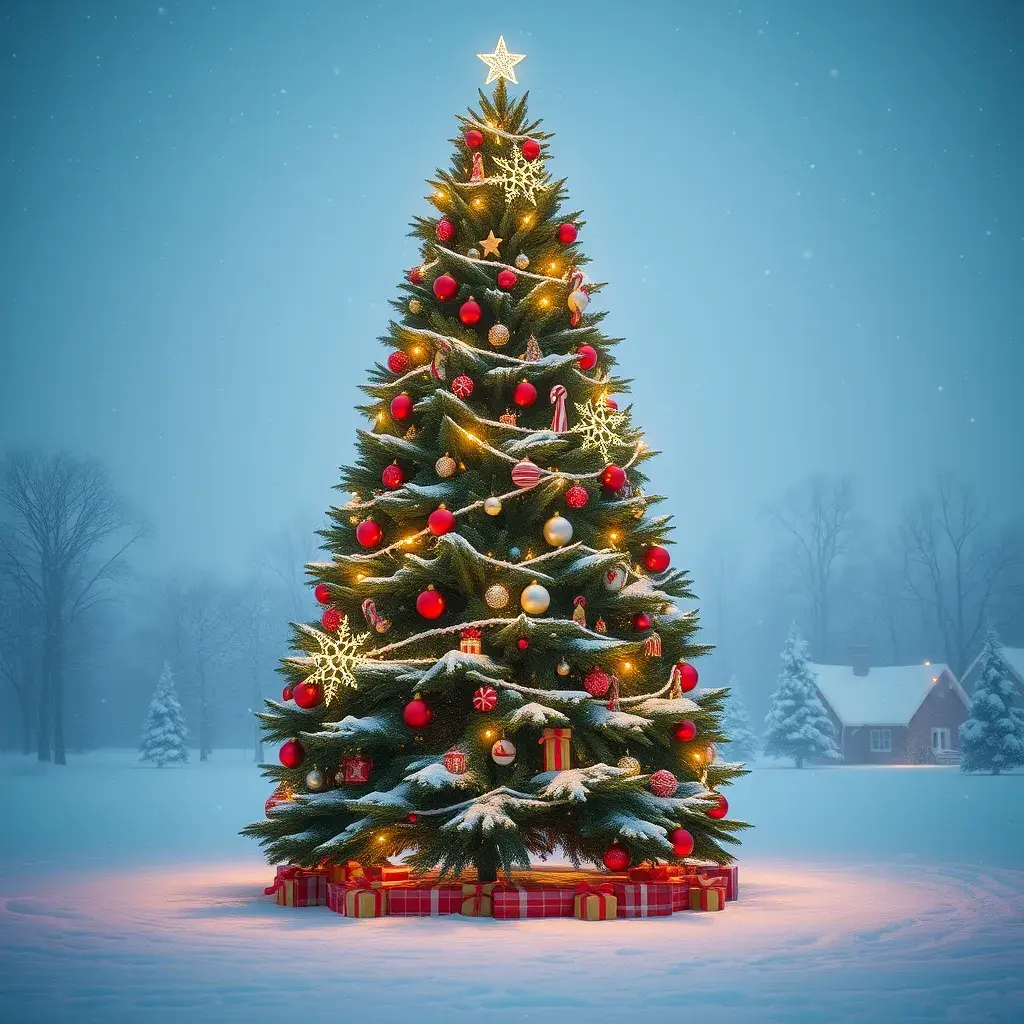 A large green christamas tree in snow lit full of christmas decorations, 8k, Highly Detailed, Digital Painting, Photo Realistic, Sharp Focus, Octane Render, Unreal Engine, Volumetric Lighting