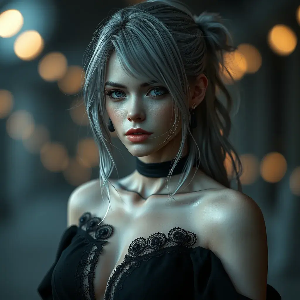 Alluring portrait of a beautiful ashen haired A2 from Nier Automata in the style of Stefan Kostic in a black dress, Highly Detailed, Full Body, Bokeh effect, Photo Realistic, Sharp Focus by Stanley Artgerm Lau