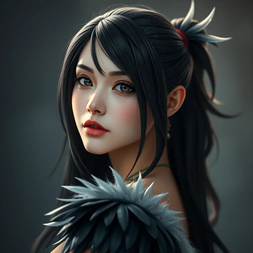 Matte portrait of the beautiful Tifa Lockhart with feathers, Highly Detailed, Intricate, Realistic, Sharp Focus, Volumetric Lighting, Fantasy, Elegant