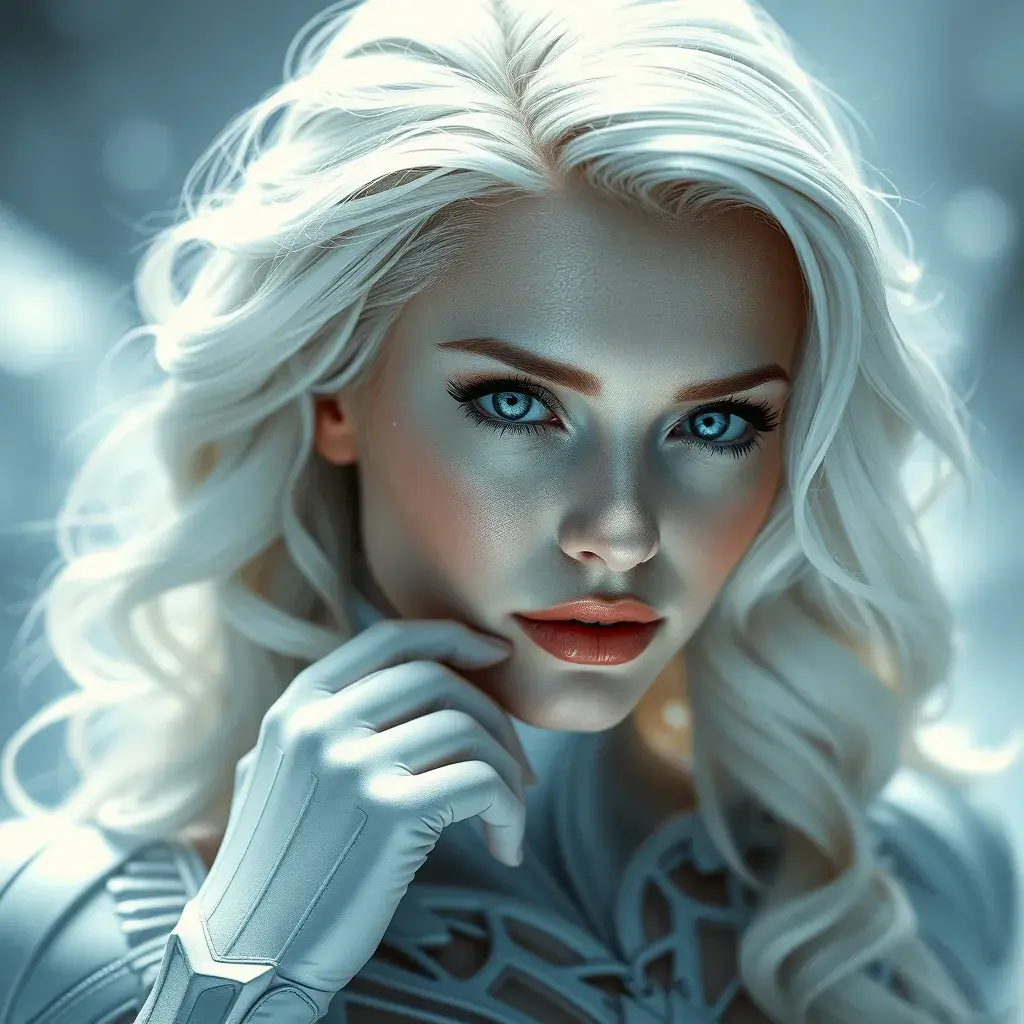 Alluring portrait of a beautiful Emma Frost: from Xmen in the style of Stefan Kostic, 8k, Highly Detailed, Intricate, Half Body, Realistic, Sharp Focus, Volumetric Lighting, Fantasy, Elegant