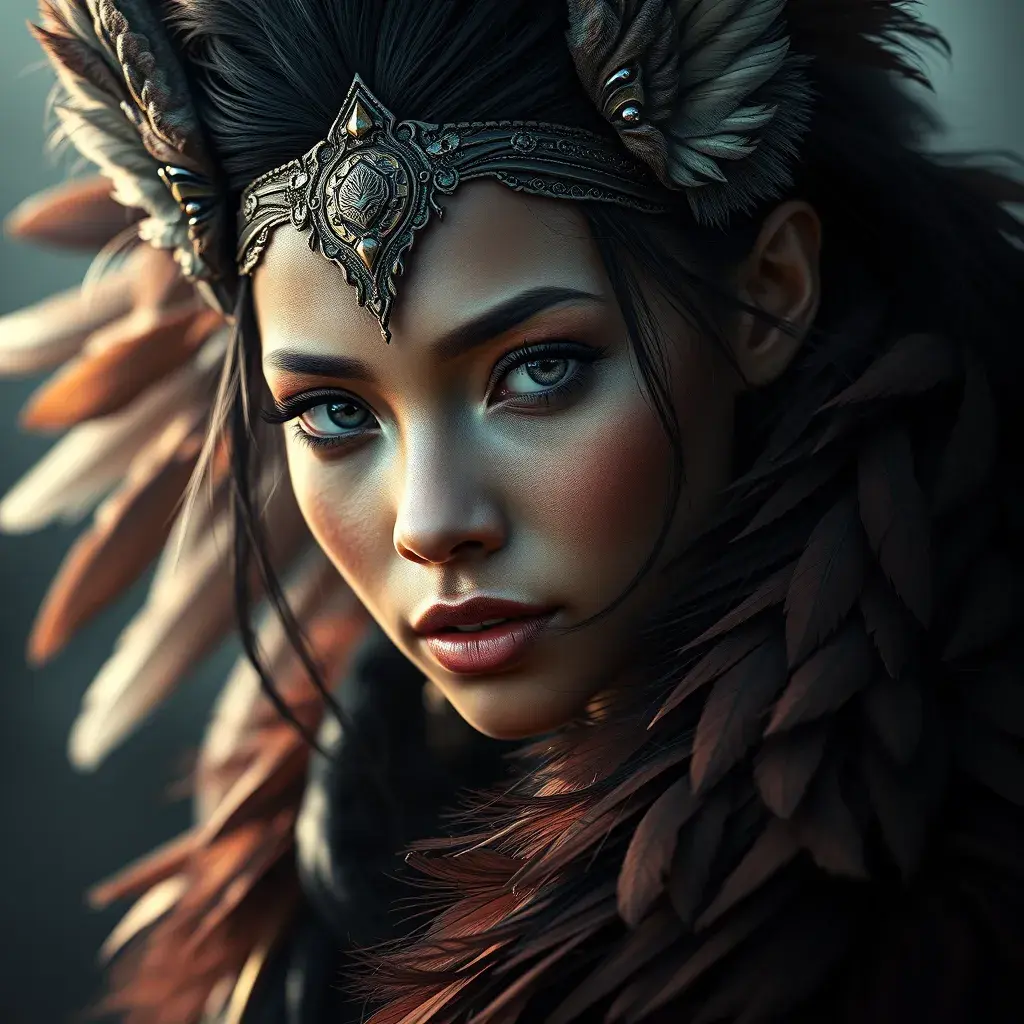 Alluring matte portrait of a beautiful Nidalee wearing feathers, 8k, Highly Detailed, Intricate, Half Body, Realistic, Sharp Focus, Volumetric Lighting, Fantasy, Elegant by Stanley Artgerm Lau, Alphonse Mucha, WLOP