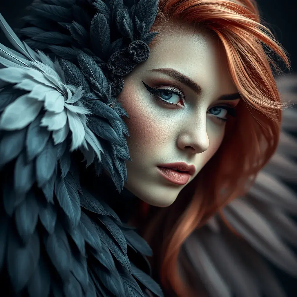 Matte portrait of the beautiful Katarina with feathers, Highly Detailed, Intricate, Realistic, Sharp Focus, Volumetric Lighting, Fantasy, Elegant