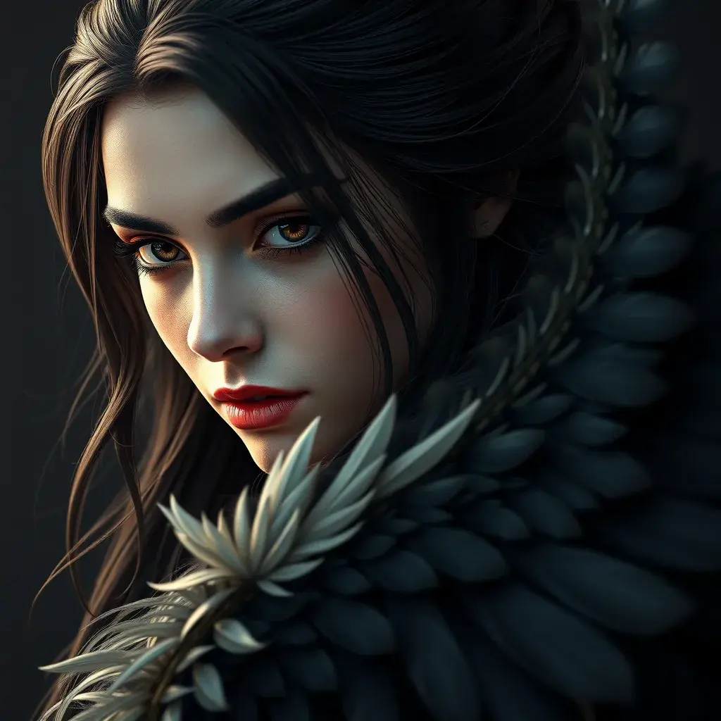 Matte portrait of the beautiful Yennefer with feathers, Highly Detailed, Intricate, Realistic, Sharp Focus, Volumetric Lighting, Fantasy, Elegant