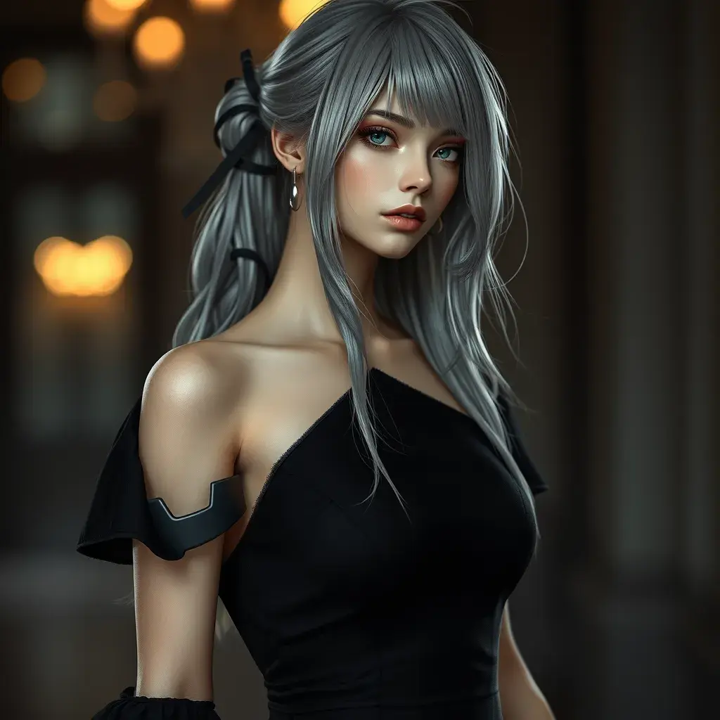 Alluring matte portrait of a beautiful ashen haired A2 from Nier Automata in a black dress, Highly Detailed, Full Body, Bokeh effect, Photo Realistic, Sharp Focus by Stanley Artgerm Lau