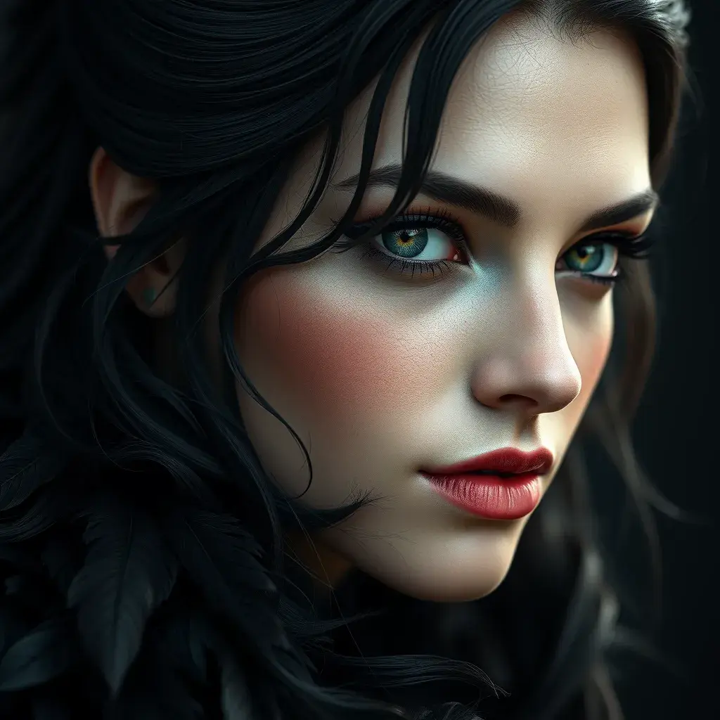 Matte portrait of the beautiful Yennefer with feathers, Highly Detailed, Intricate, Realistic, Sharp Focus, Volumetric Lighting, Fantasy, Elegant