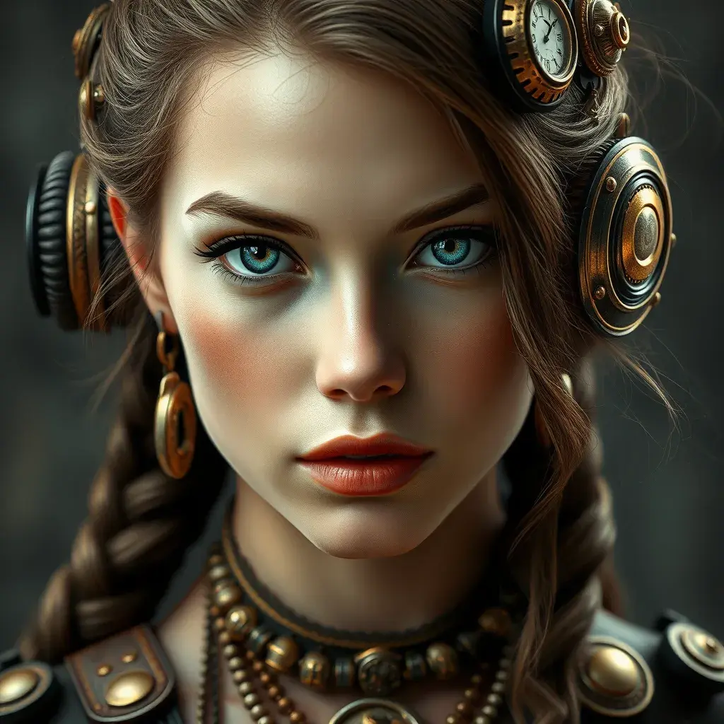 Steampunk portrait of Aloy, Highly Detailed, Beautiful, Photo Realistic, Sharp Focus, Elegant