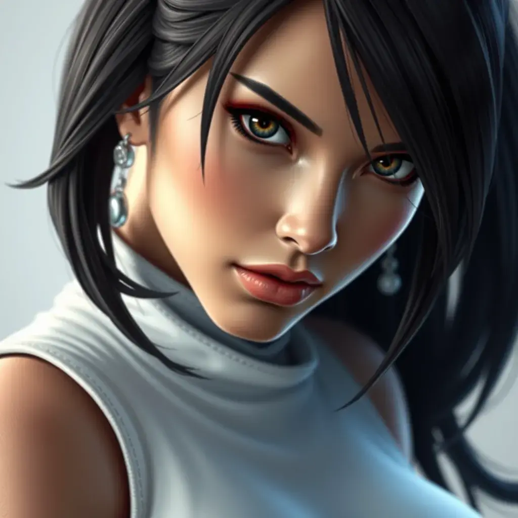 Matte portrait of a fierce Tifa Lockhart from final fantasy in white, Highly Detailed, Half Body, Beautiful, Sharp Focus, Elegant by Stefan Kostic