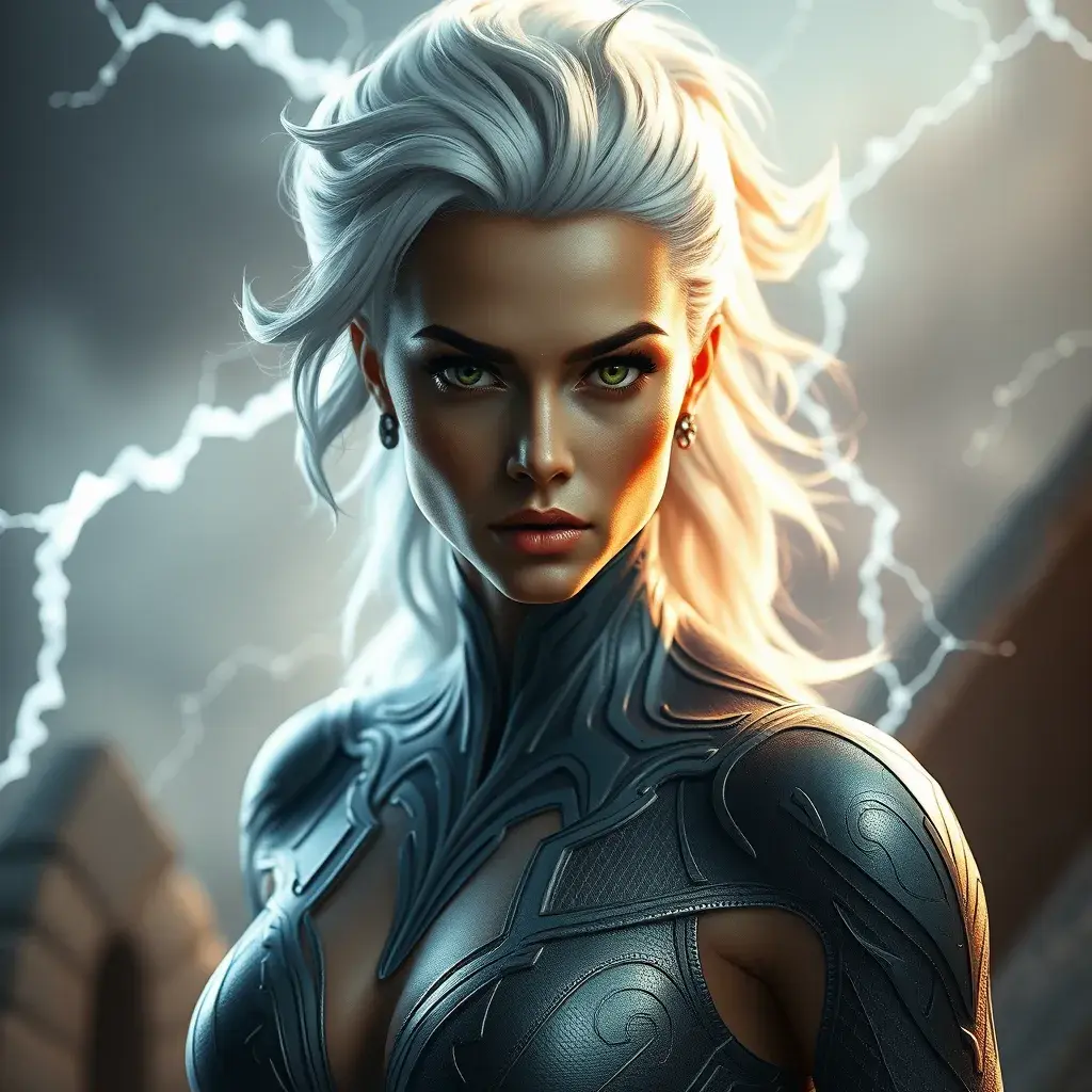 Alluring matte portrait of a beautiful Storm from Xmen in the style of Stefan Kostic, 8k, Highly Detailed, Intricate, Half Body, Realistic, Sharp Focus, Volumetric Lighting, Fantasy, Elegant by Stanley Artgerm Lau