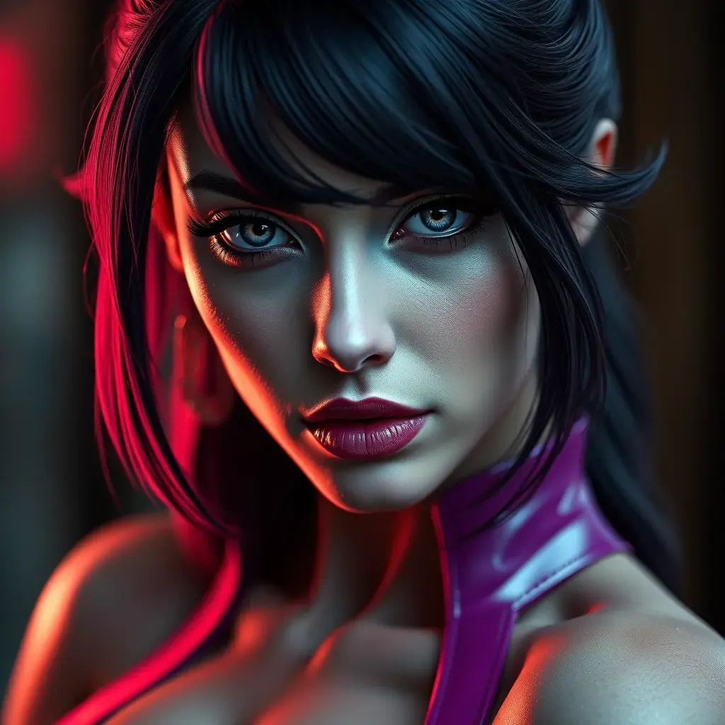 Alluring matte portrait of a beautiful Psylocke from Xmen in the style of Stefan Kostic, 8k, Highly Detailed, Intricate, Half Body, Realistic, Sharp Focus, Volumetric Lighting, Fantasy, Elegant by Stanley Artgerm Lau