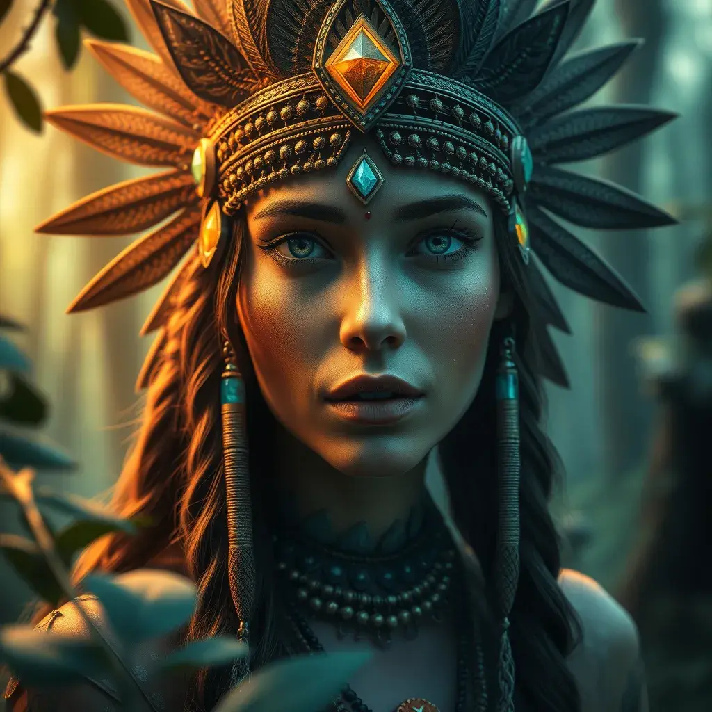 A beautiful tribal queen in a magical forest, Highly Detailed, Masterpiece, Pretty Face, Digital Illustration, Cinematic Lighting, Realistic, Sharp Focus, Centered, Beautifully Lit, Bioluminescent