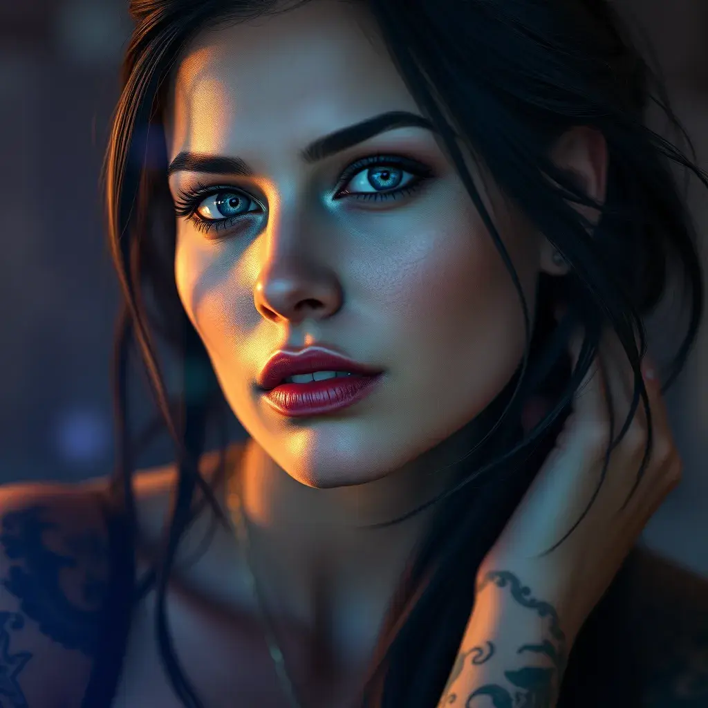 Portrait of Laura Kinney with tattoos, 8k, Highly Detailed, Artstation, Bokeh effect, Sharp Focus, Volumetric Lighting, Concept Art by Stanley Artgerm Lau, Greg Rutkowski