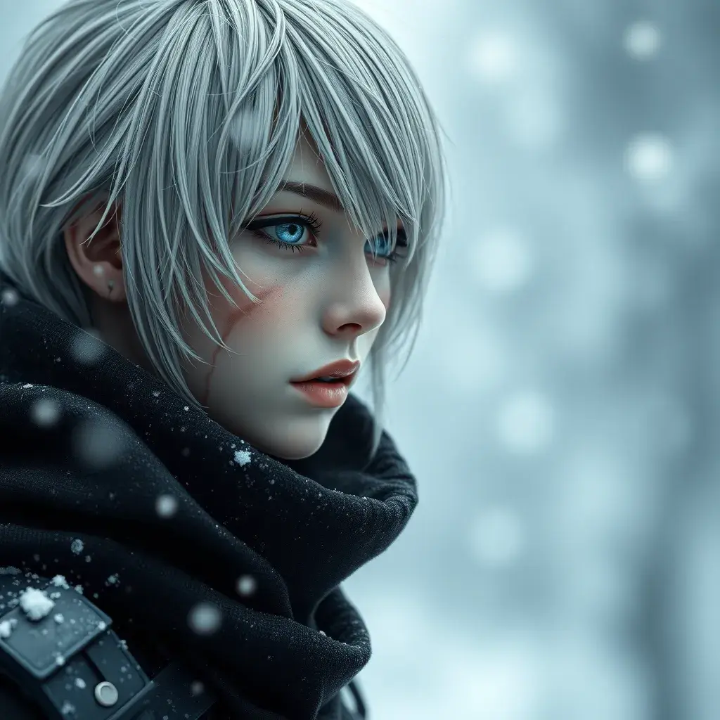 Alluring matte portrait of a beautiful ashen haired 2B from Nier Automata in the style of Stefan Kostic in black, Highly Detailed, Full Body, Snow, Bokeh effect, Photo Realistic, Sharp Focus by Stanley Artgerm Lau