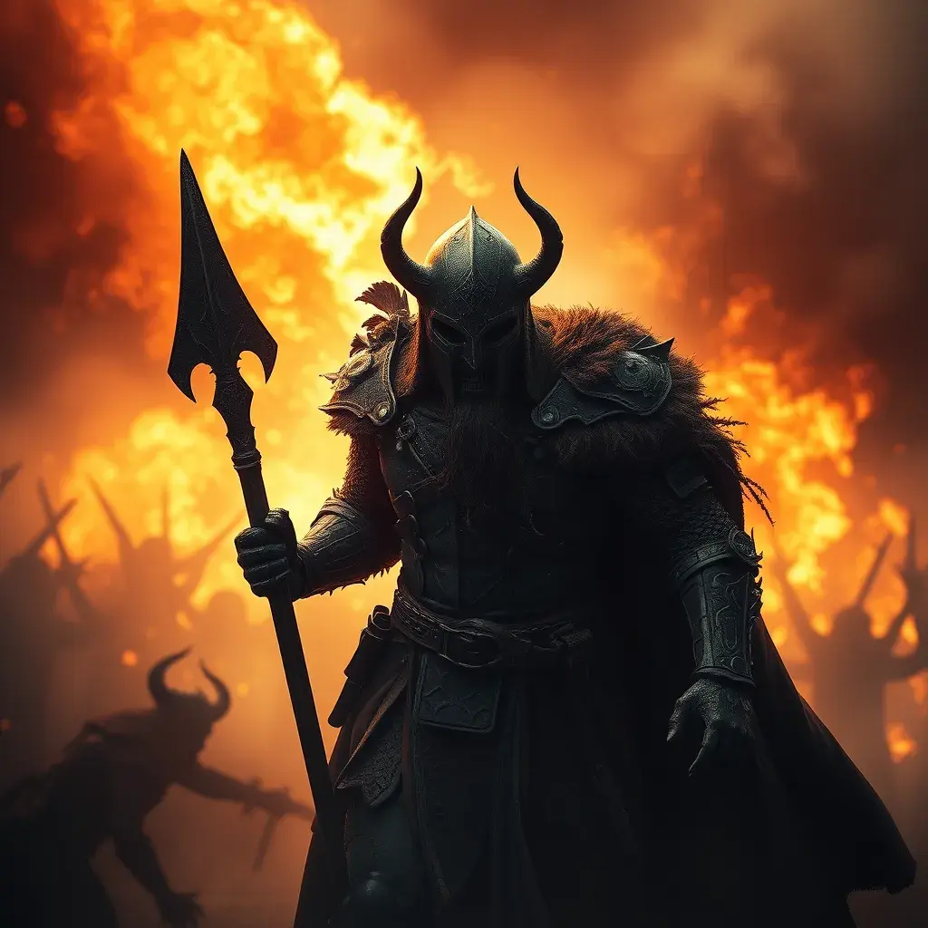 Strong warrior emerging from a firey fog of war, Gothic and Fantasy, Sharp Focus, Volumetric Lighting by Stefan Kostic