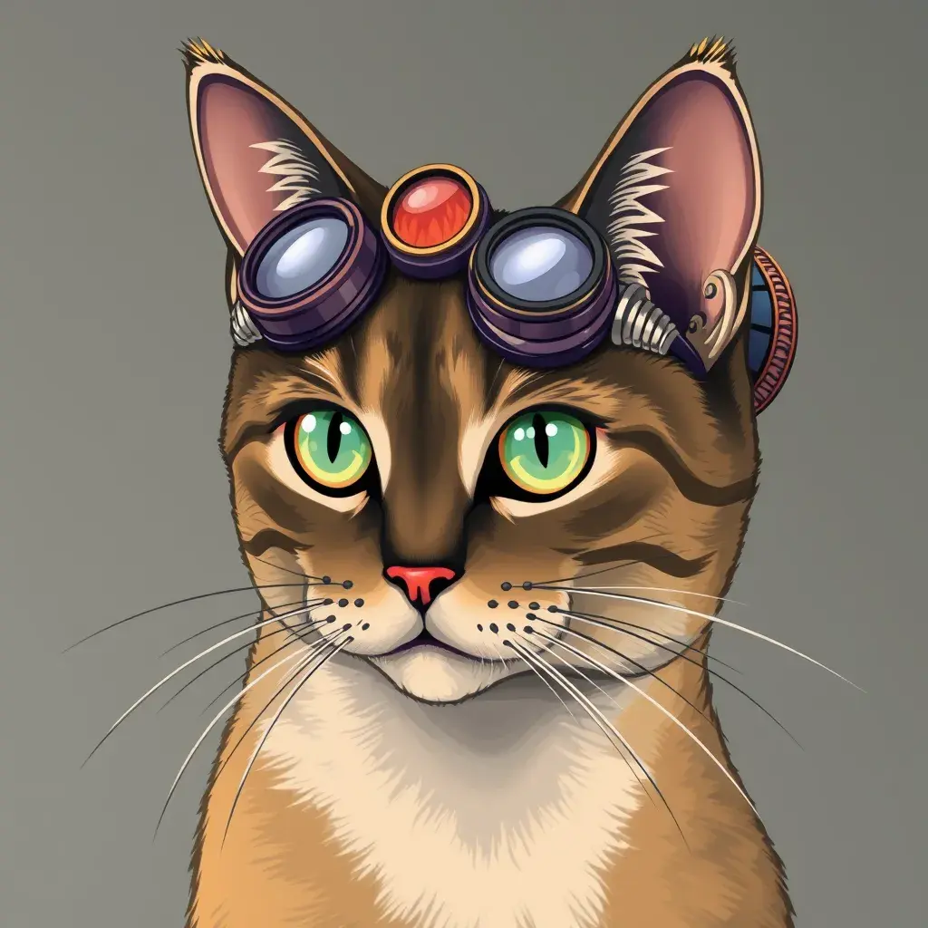 Steampunk portrait of a cat, clean vector, colorful illustration, inspired by future technology, Highly Detailed, Vintage Illustration, Steampunk, Smooth, Vector Art, Colorful by Stanley Artgerm Lau