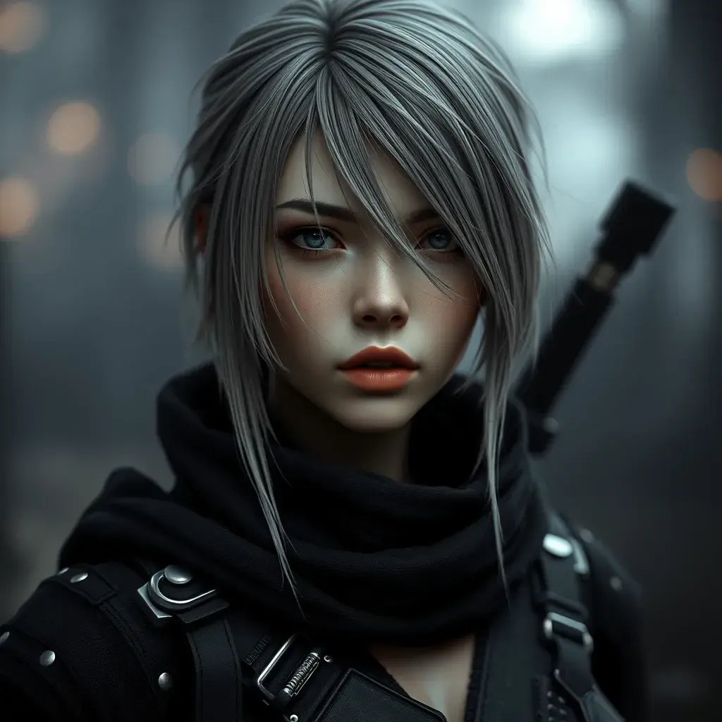 Alluring matte portrait of a beautiful ashen haired A2 from Nier Automata in the style of Stefan Kostic in black, Highly Detailed, Full Body, Bokeh effect, Photo Realistic, Sharp Focus by Stanley Artgerm Lau