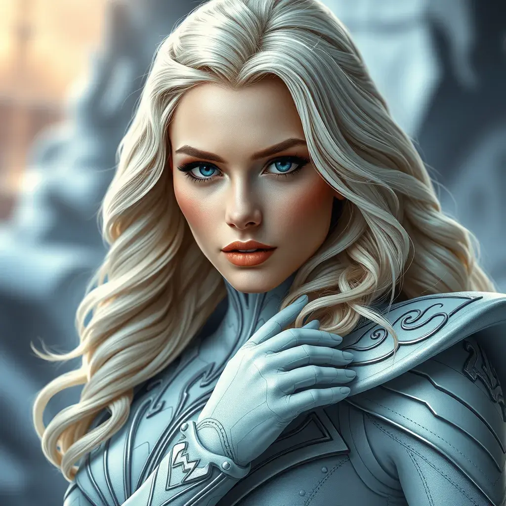 Alluring portrait of a beautiful Emma Frost: from Xmen in the style of Stefan Kostic, 8k, Highly Detailed, Intricate, Half Body, Realistic, Sharp Focus, Volumetric Lighting, Fantasy, Elegant