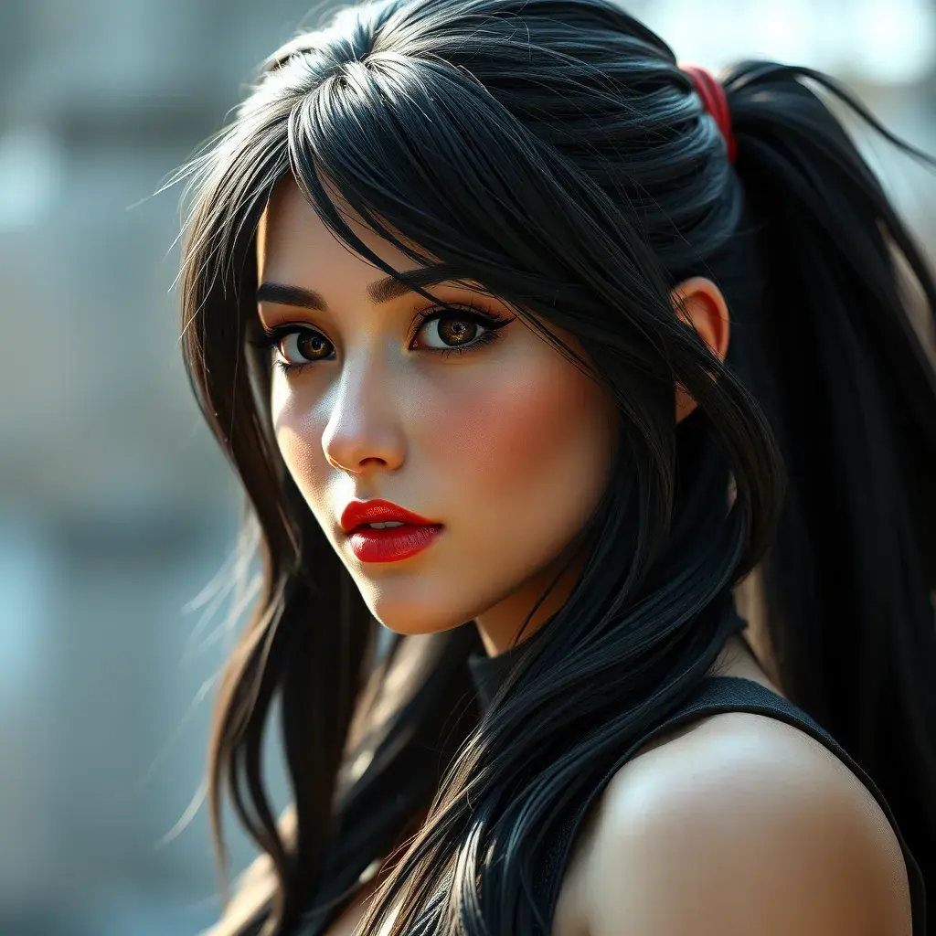 An alluring Tifa Lockhart, Highly Detailed, Beautiful, Photo Realistic, Sharp Focus, Elegant