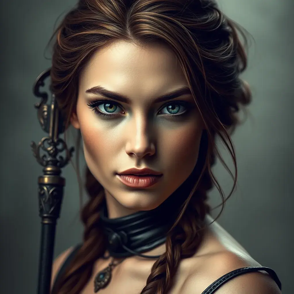 Alluring matte portrait of the beautiful goddess Artemis in black leather, Highly Detailed, Intricate, Realistic, Sharp Focus, Volumetric Lighting, Fantasy, Elegant