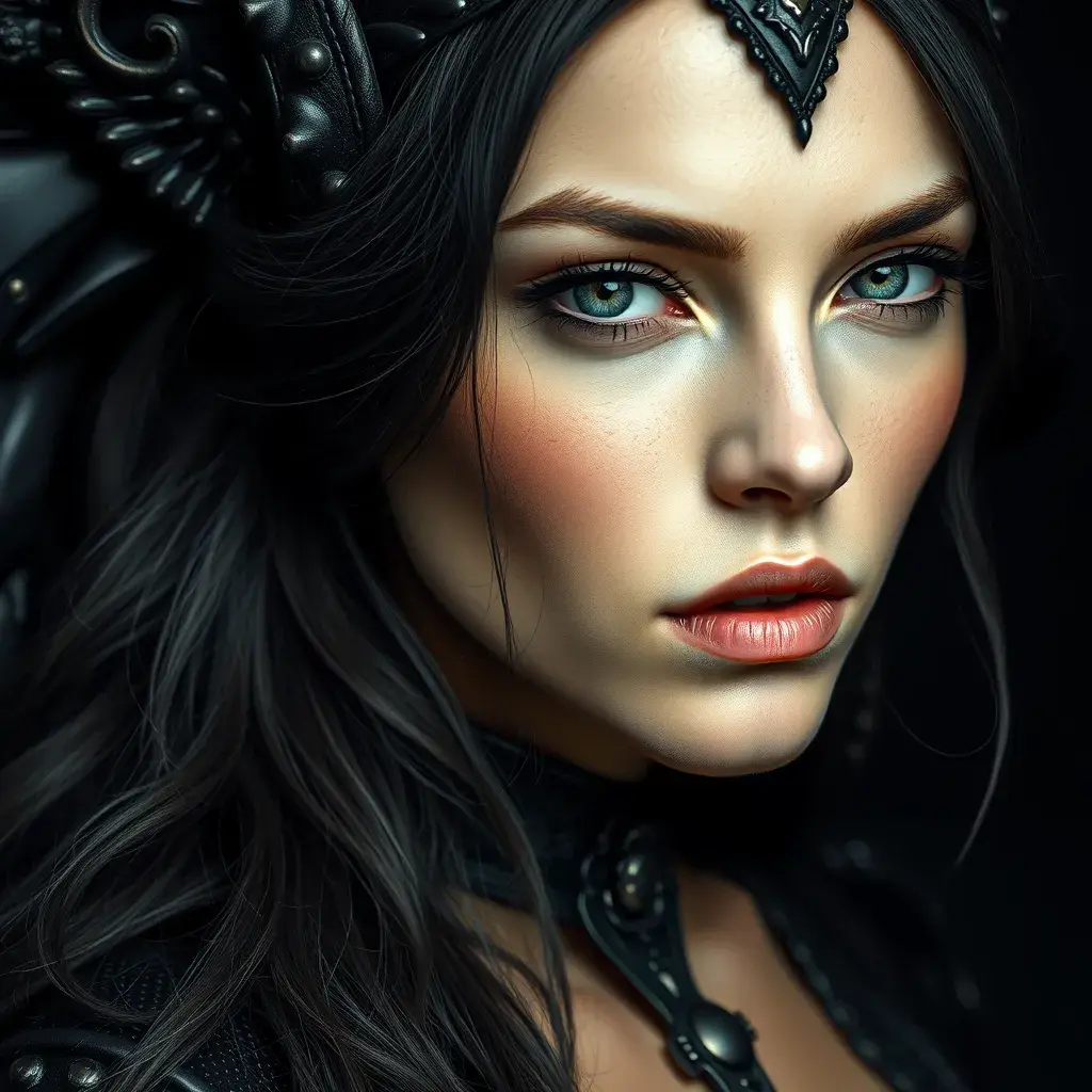 Alluring matte portrait of the beautiful goddess Selene in black leather, Highly Detailed, Intricate, Realistic, Sharp Focus, Volumetric Lighting, Fantasy, Elegant