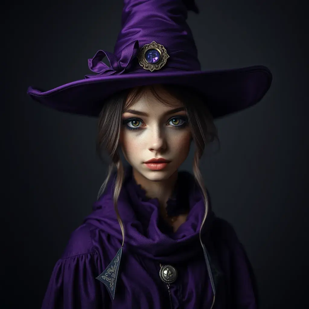 Matte portrait of a mysterious kiki the witch in purple, Intricate, Half Body, Sharp Focus, Volumetric Lighting, Elegant