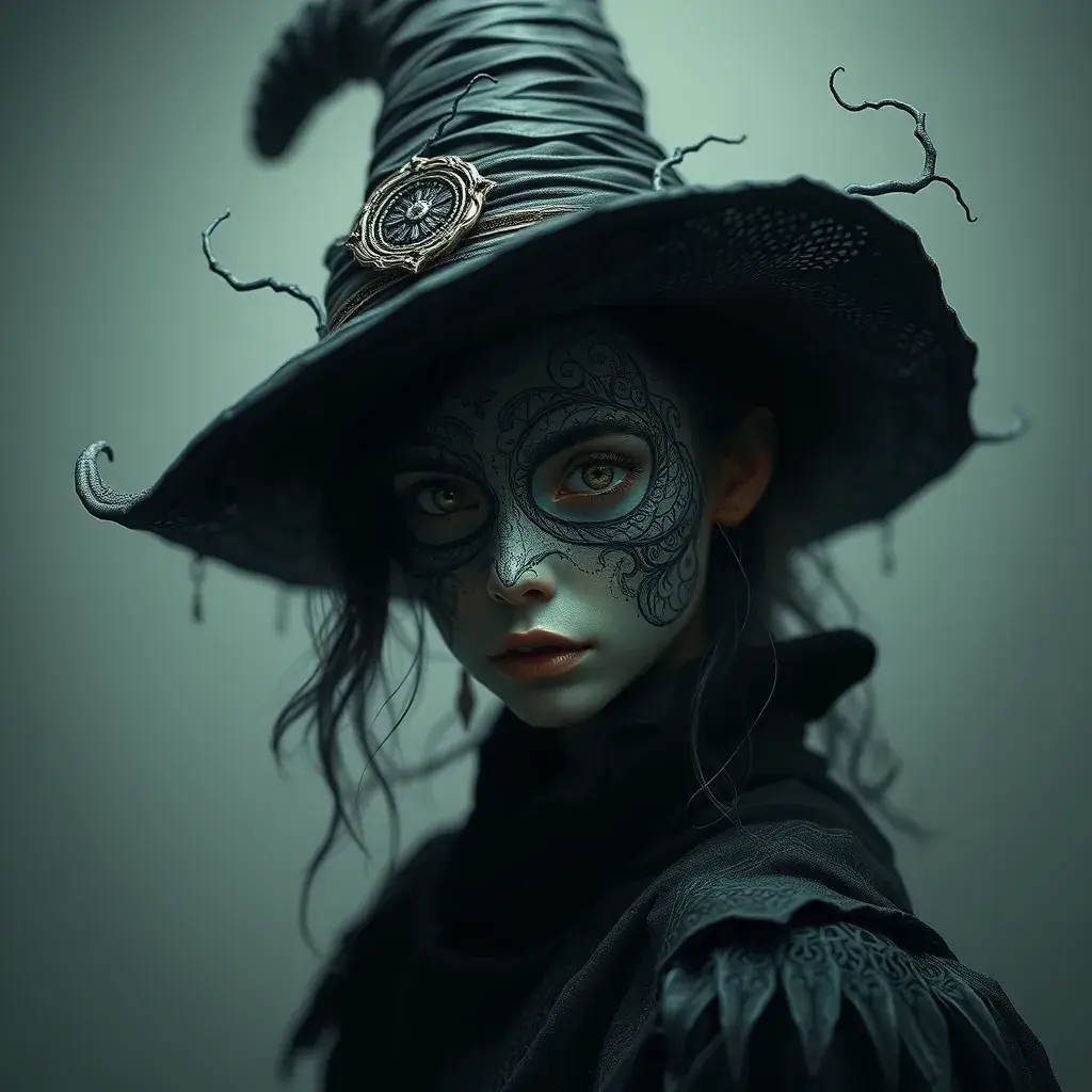 Matte portrait of a mysterious kiki the witch, Intricate, Half Body, Realistic, Sharp Focus, Volumetric Lighting, Elegant by Stefan Kostic