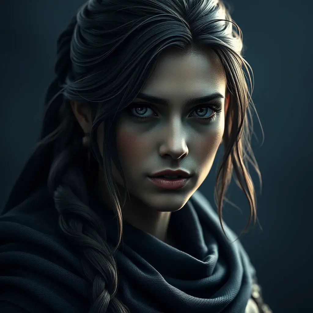 Matte portrait of the beautiful Kassandra from Assassins Creed in dark blue, Highly Detailed, Intricate, Realistic, Sharp Focus, Volumetric Lighting, Fantasy, Elegant