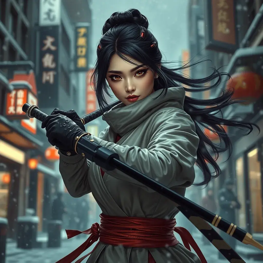 A mysterious beautiful armed kunoichi ninja wearing eyeliner in the streets of a dark snowy town in tokyo, fluid motion, Intricate, Half Body, Realistic, Sharp Focus, Volumetric Lighting, Elegant