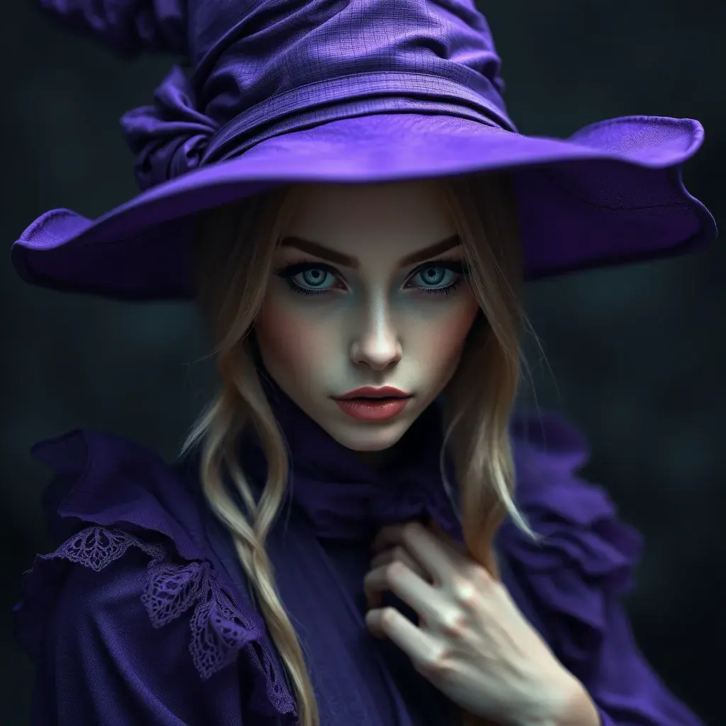 Matte portrait of a mysterious kiki the witch in purple, Intricate, Half Body, Realistic, Sharp Focus, Volumetric Lighting, Elegant by Stefan Kostic