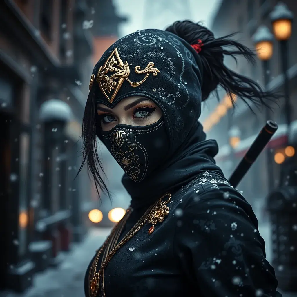 A mysterious beautiful masked kunoichi ninja wearing eyeliner and gold jewelry in the streets of a dark snowy town in moscow, fluid motion, Intricate, Half Body, Realistic, Sharp Focus, Volumetric Lighting, Elegant