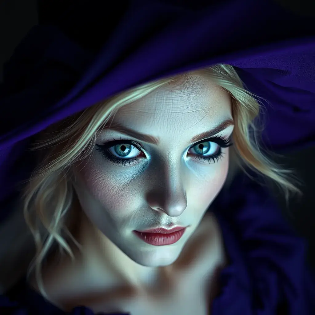 Matte portrait of a mysterious kiki the witch in purple, Intricate, Half Body, Sharp Focus, Volumetric Lighting, Elegant