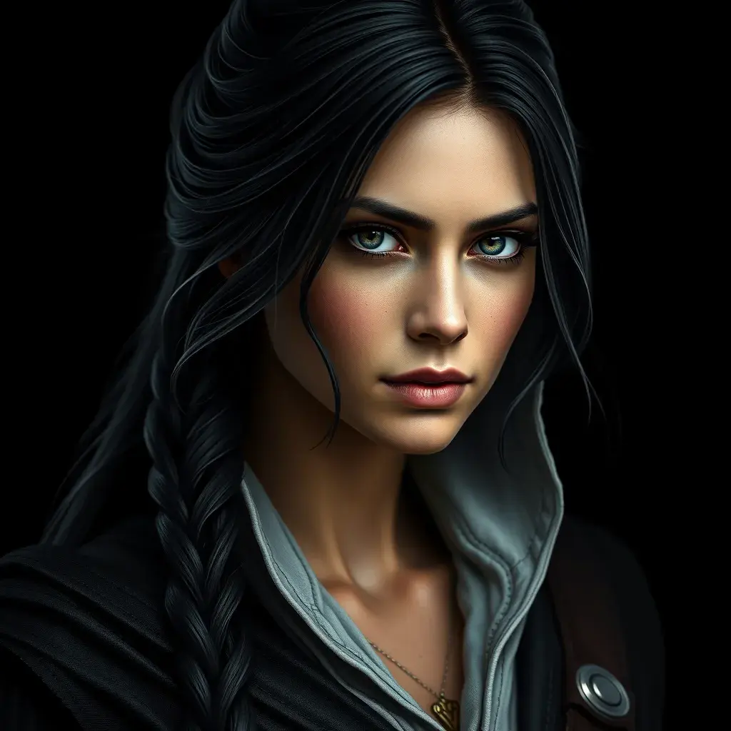 Matte portrait of the beautiful Kassandra from Assassins Creed in black, Highly Detailed, Intricate, Realistic, Sharp Focus, Volumetric Lighting, Fantasy, Elegant