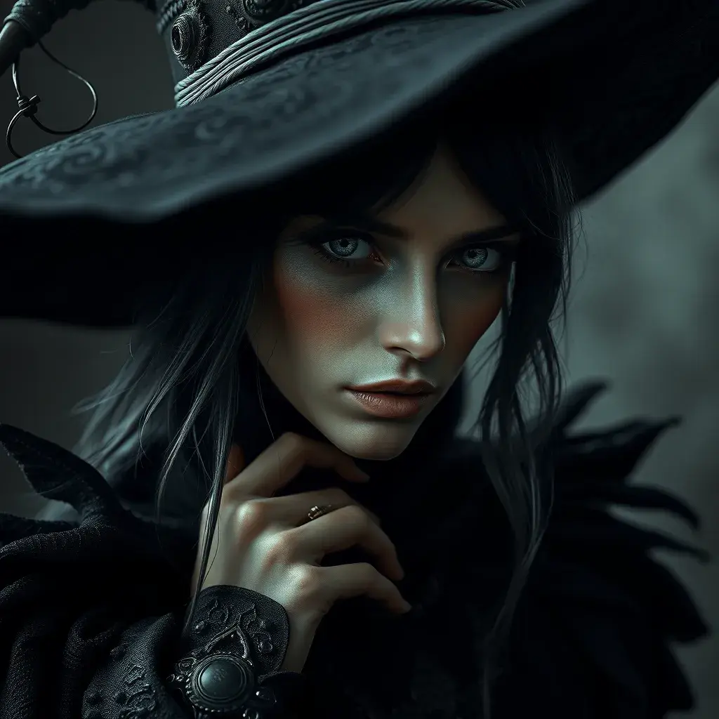 Matte portrait of a mysterious kiki the witch, Intricate, Half Body, Realistic, Sharp Focus, Volumetric Lighting, Elegant by Stefan Kostic