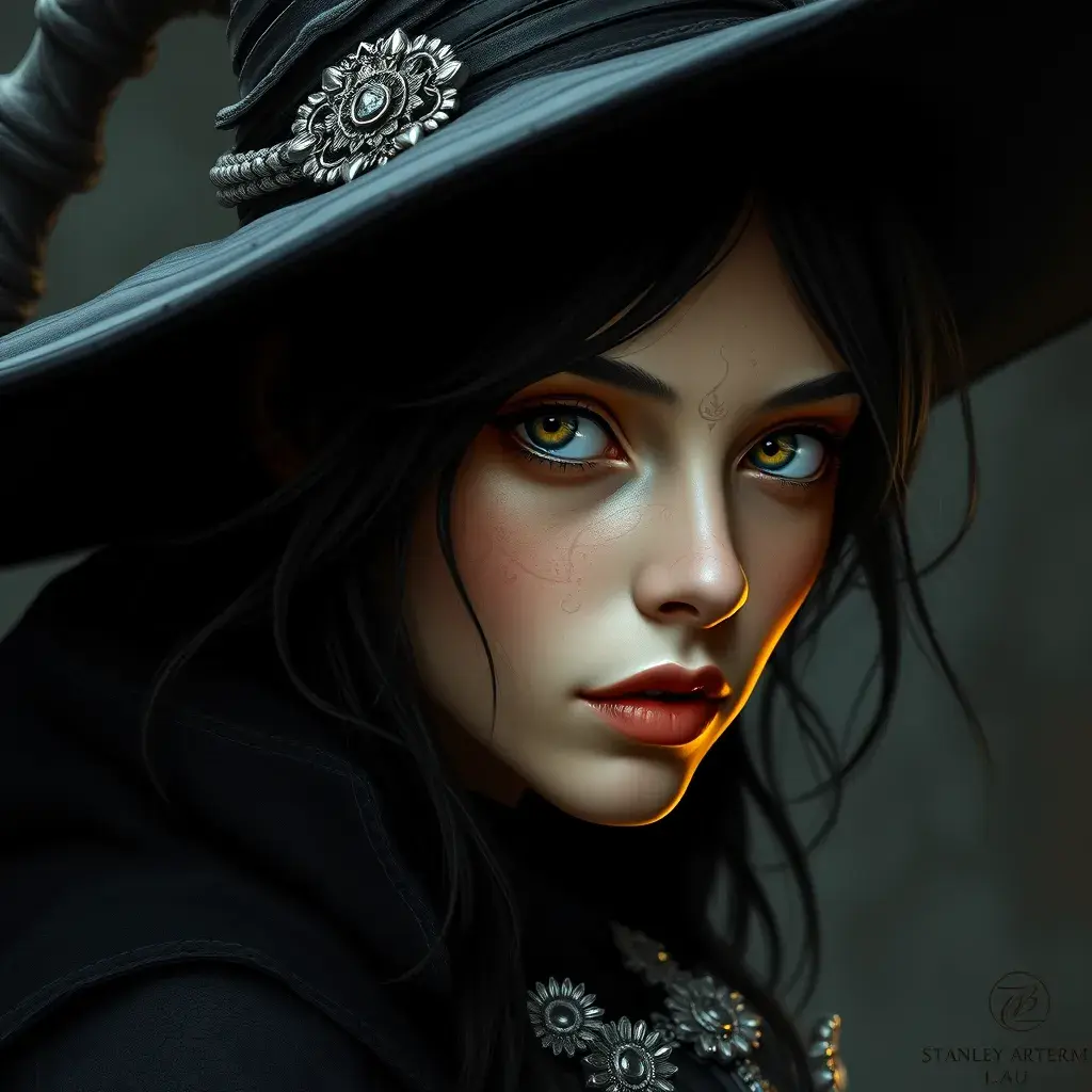 Matte portrait of a mysterious kiki the witch, Intricate, Half Body, Realistic, Sharp Focus, Volumetric Lighting, Elegant by Stanley Artgerm Lau