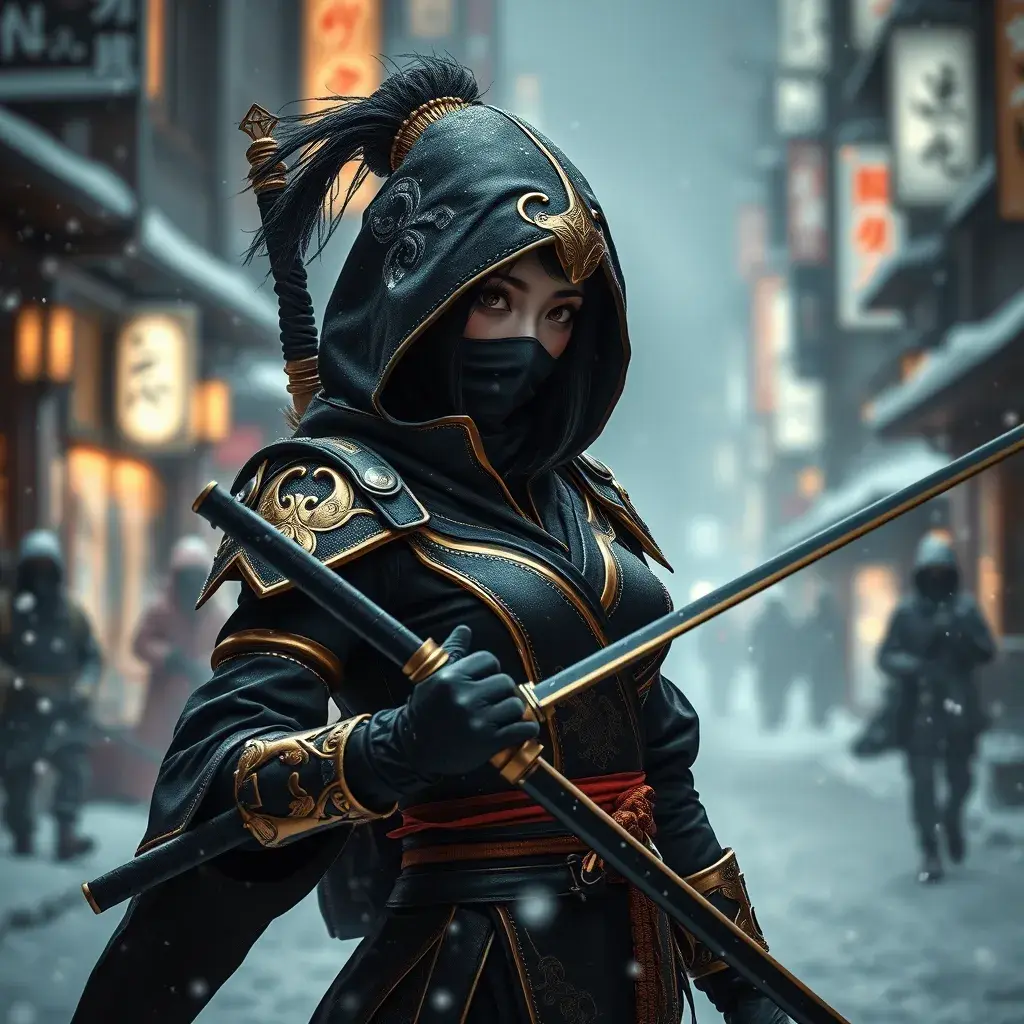 Mysterious beautiful armed kunoichi ninja wearing black and gold in the streets of dark snowy tokyo, Highly Detailed, Intricate, Half Body, Realistic, Sharp Focus, Volumetric Lighting, Fantasy, Elegant