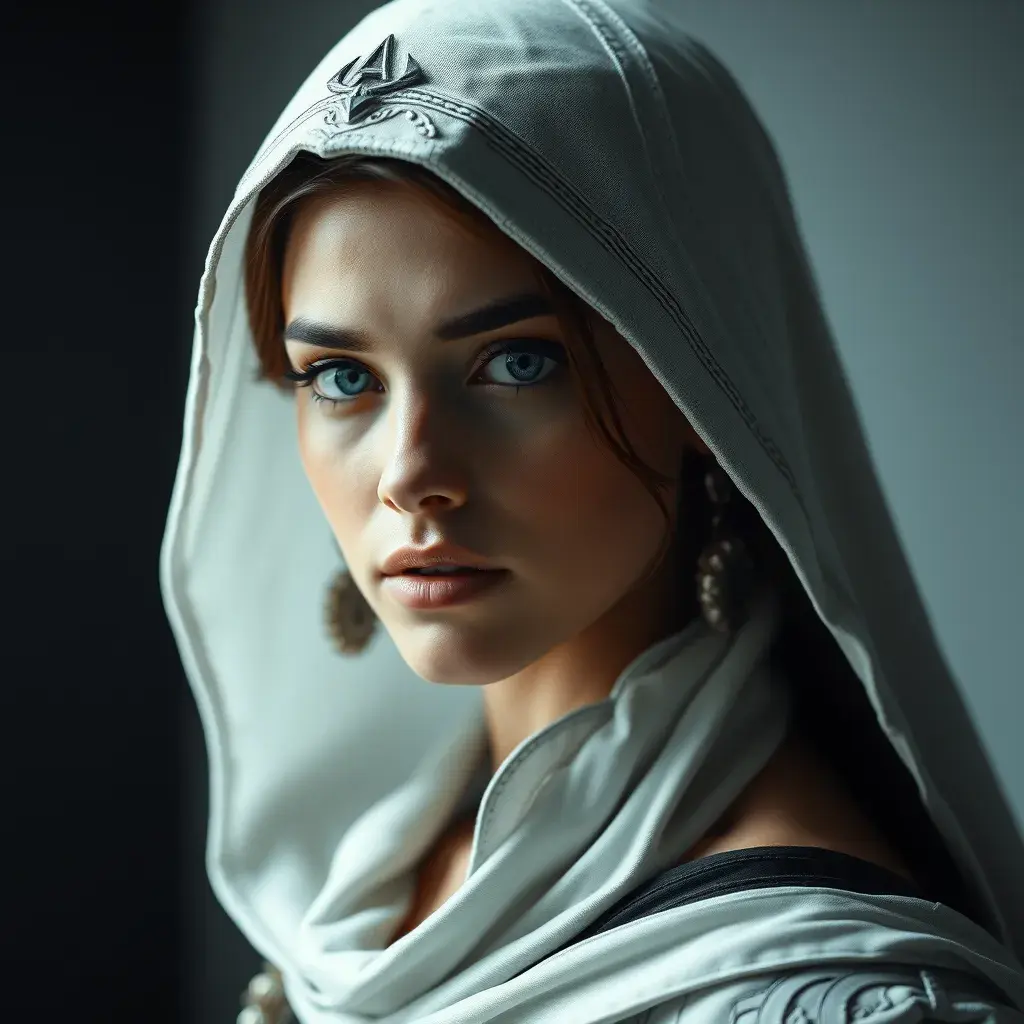 Matte portrait of the beautiful Kassandra from Assassins Creed in white, Highly Detailed, Intricate, Realistic, Sharp Focus, Volumetric Lighting, Fantasy, Elegant