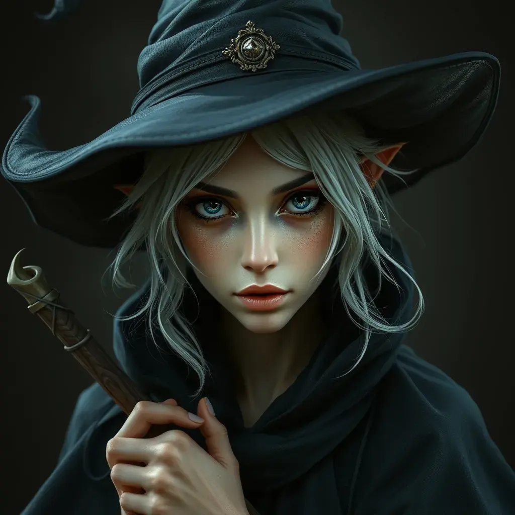 Matte portrait of a mysterious kiki the witch, Intricate, Half Body, Realistic, Sharp Focus, Volumetric Lighting, Elegant by Stanley Artgerm Lau