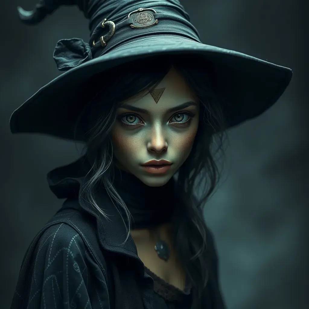 Matte portrait of a mysterious kiki the witch, Intricate, Half Body, Realistic, Sharp Focus, Volumetric Lighting, Elegant by Stefan Kostic