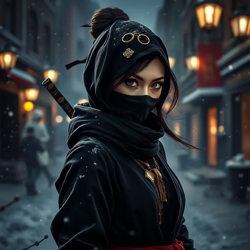 A mysterious beautiful kunoichi ninja wearing eyeliner and gold jewelry in the streets of a dark snowy town in moscow, fluid motion, Intricate, Half Body, Realistic, Sharp Focus, Volumetric Lighting, Elegant