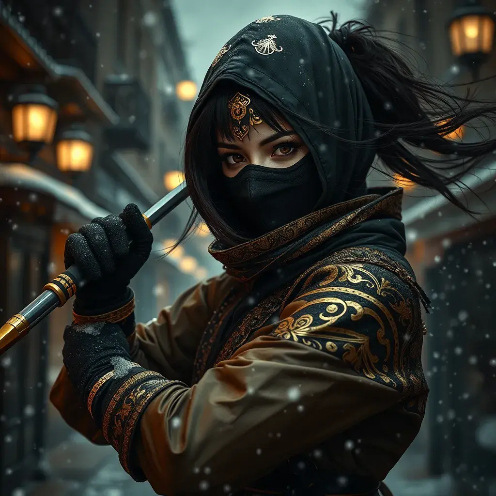 A mysterious beautiful kunoichi ninja in black and gold with eyeliner in the streets of a dark snowy town in moscow, fluid motion, Intricate, Half Body, Realistic, Sharp Focus, Volumetric Lighting, Elegant