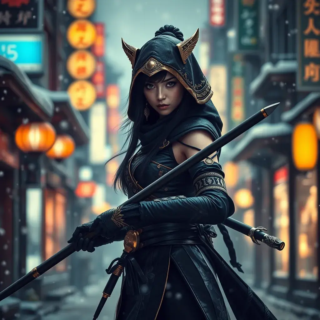 Mysterious beautiful armed kunoichi ninja wearing black and gold in the streets of dark snowy tokyo, Highly Detailed, Intricate, Half Body, Realistic, Sharp Focus, Volumetric Lighting, Fantasy, Elegant