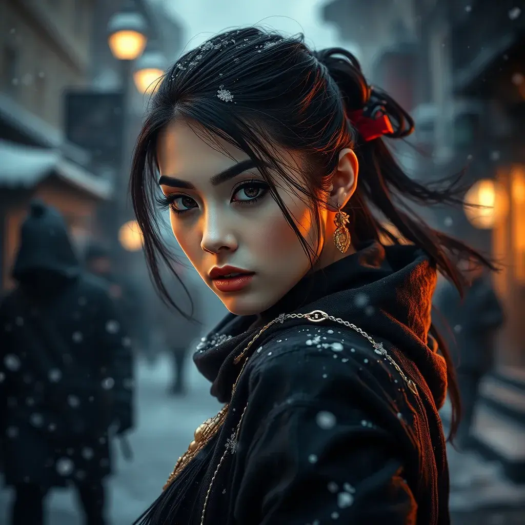 A mysterious beautiful kunoichi ninja wearing eyeliner and gold jewelry in the streets of a dark snowy town in moscow, fluid motion, Intricate, Half Body, Realistic, Sharp Focus, Volumetric Lighting, Elegant