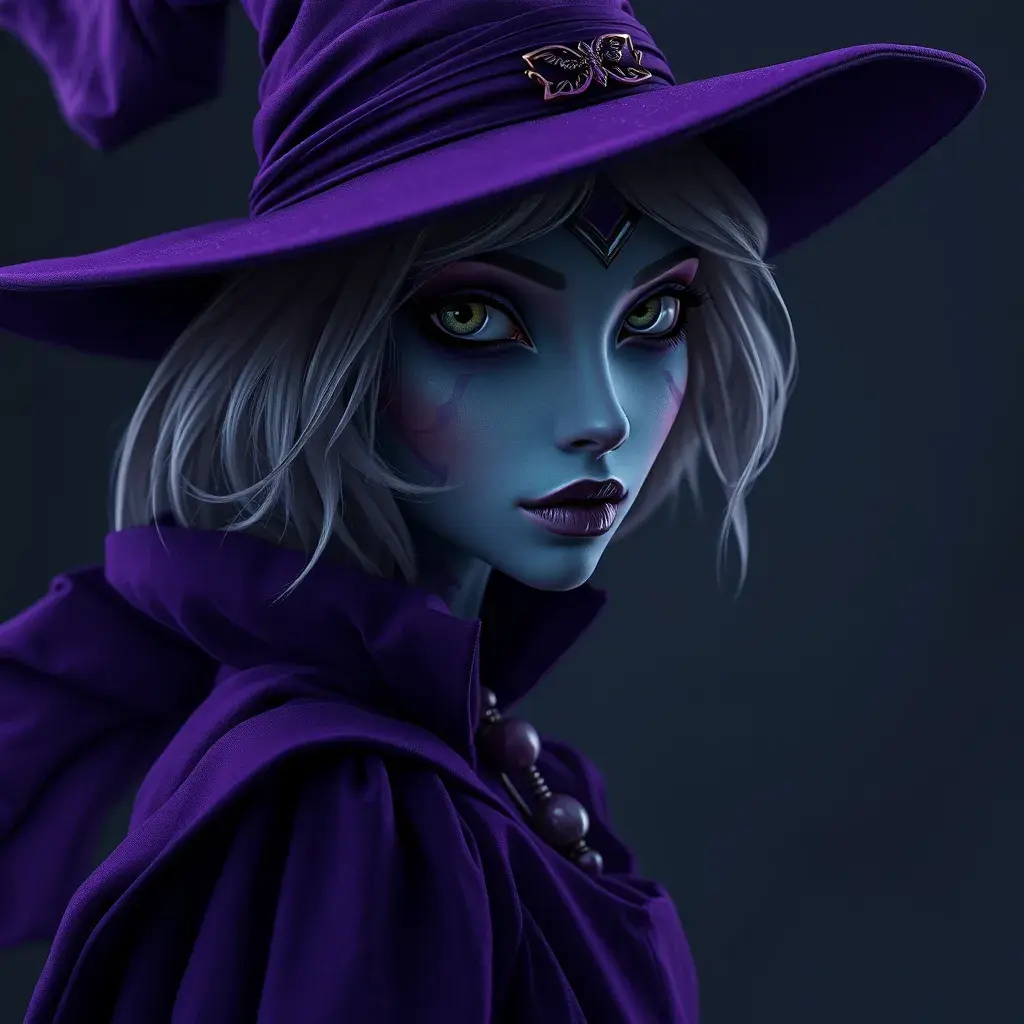 Matte portrait of a mysterious kiki the witch in purple, Intricate, Half Body, Sharp Focus, Elegant