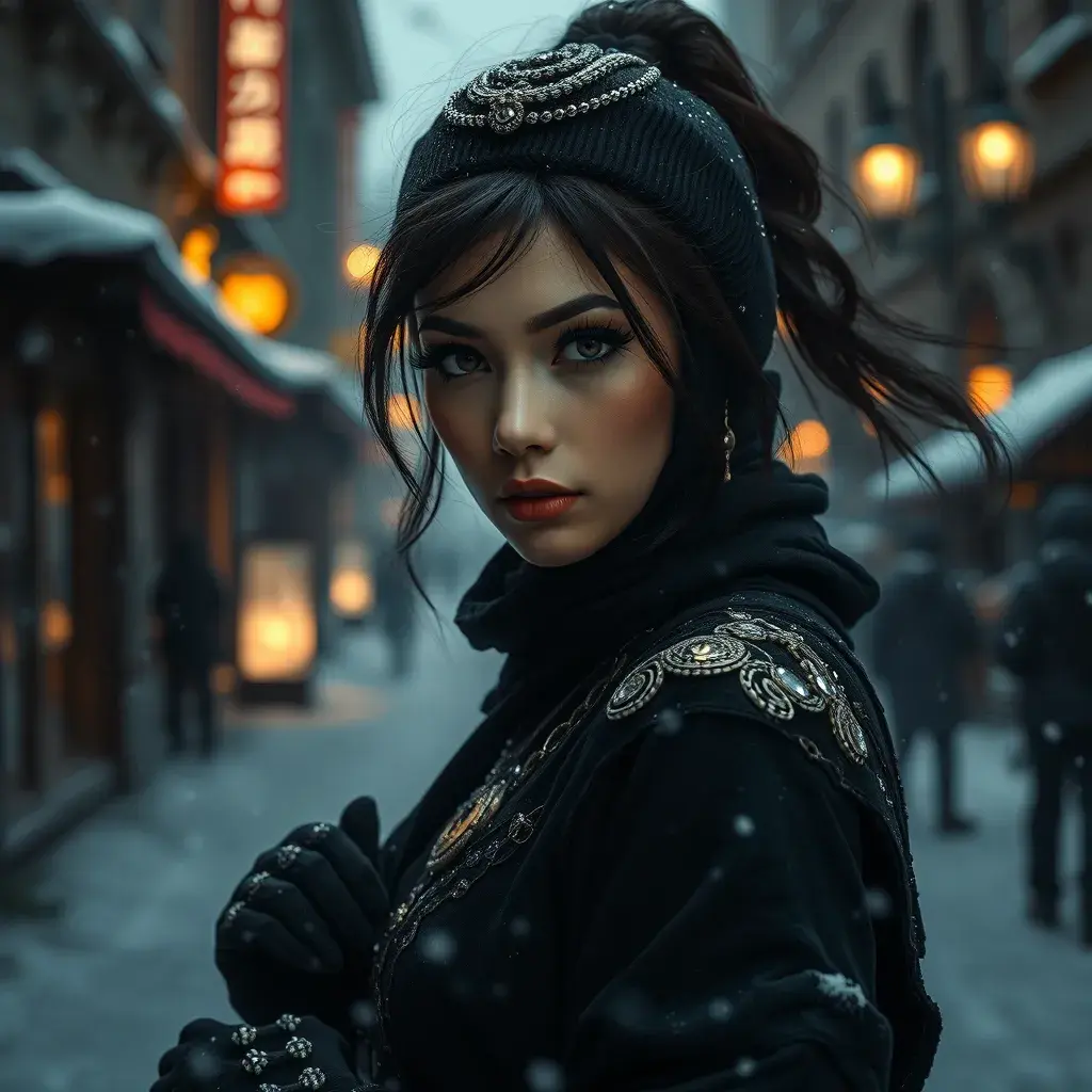 A mysterious beautiful kunoichi ninja wearing eyeliner and gold jewelry in the streets of a dark snowy town in moscow, fluid motion, Intricate, Half Body, Realistic, Sharp Focus, Volumetric Lighting, Elegant