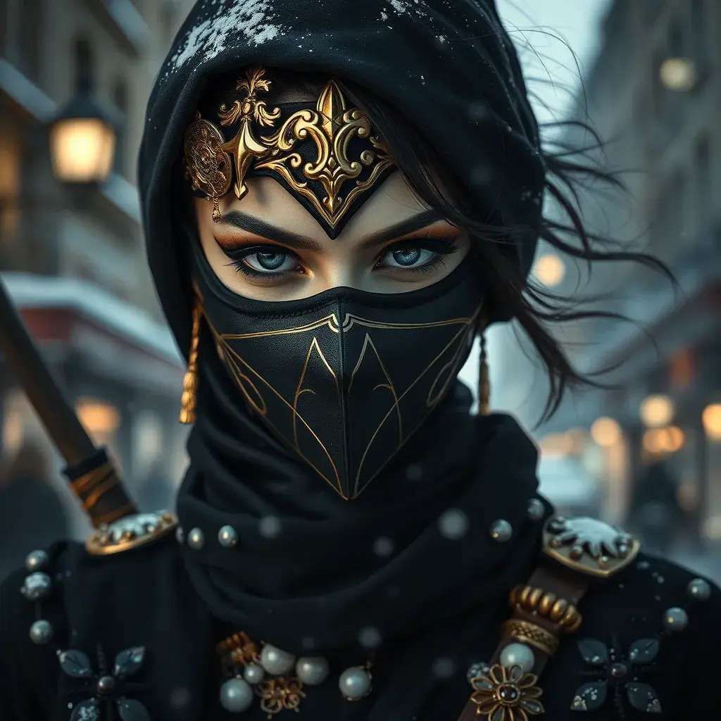 A mysterious beautiful masked kunoichi ninja wearing eyeliner and gold jewelry in the streets of a dark snowy town in moscow, fluid motion, Intricate, Half Body, Realistic, Sharp Focus, Volumetric Lighting, Elegant